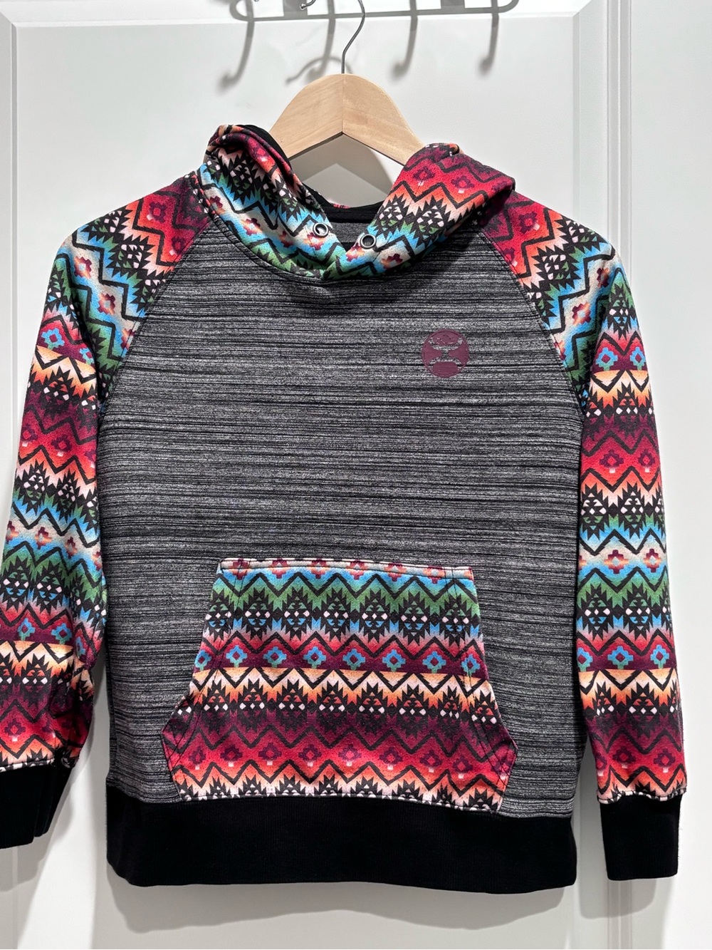 Hooey Gray Pullover Hoodie with Colorful Aztec Sleeves